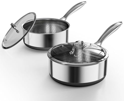 Saucenpfanne mit Deckel, KURRUNGIE 1,5 & 2,8 QT Hybrid-Edelstahl-Kochgeschirr-Set, PFOA-frei, 5-lagige Kochtöpfe mit Deckel, Edelstahlpfannen zum Kochen, Induktionskochgeschirr, ofen- und