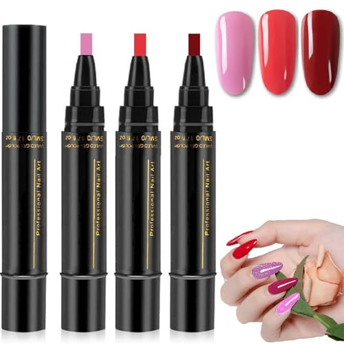 3-in-1 Gel Nail Polish Pen, One Step Nail Art Pen with Quick-Dry Formula, No Base Coat Needed, UV Lamp Required, Vibrant Colors Easy Application Nail Art Kit for DIY Manicure (Pink, Red, Deep Red)