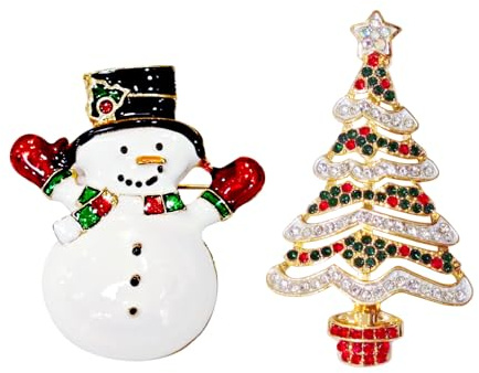 2 Pack Christmas Brooches for Women - Christmas Tree Brooch & Snowman Pin, Festive Xmas Brooches, Accessories & Gifts