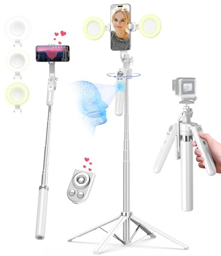 Yeaki Trépied de suivi automatique du visage pour iPhone avec lumière, support de téléphone rotatif à 360° avec télécommande rechargeable pour TikTok Vlog, trépied de téléphone pour appareil photo