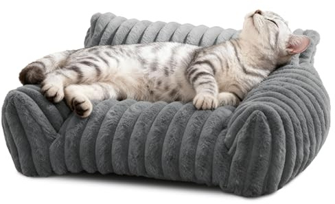 DOLLGIFT Cat Sofa Beds for indoor Cats - 60x45cm, Cat Couch with Removable Machine Washable Cover, Fluffy Faux Rabbit Fur Pet Sofa for Cats Small Dog Puppy Kitten, Grey S