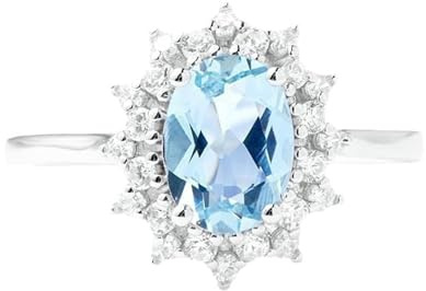 Musihy Verlobungsring für Damen, 9K Weißes Gold 375 Klassischer Verlobungsring mit ovalem Aquamarin und Moissanit in Blumenform, Größe 54 (17.2)