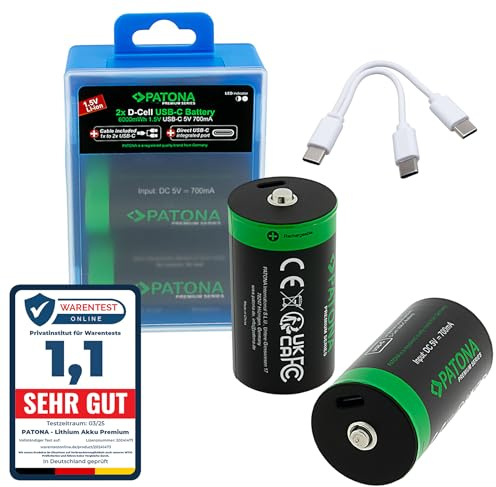 PATONA 4X Premium LR20 Mono D Akku 1,5V 6,0Wh, wiederaufladbar per USB-C | Ersatzakku für Taschenlampen, Radios, Spielzeug, inkl. 1-zu-2 USB-C-Ladekabel, über 1.000 Ladezyklen