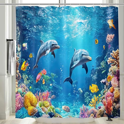 Vgzsyomqib Duschvorhang 180x180 cm Anti Schimmel Delfin Shower Curtains für Badewanne Wasserdicht Stoff Duschvorhänge Unterwasserwelt Ocean Shower Curtain Waschbar Textil, Blau 04