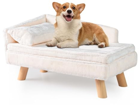 GYMAX Sofá para Gatos de Interior con Cojín Suave y Almohadilla de Asiento Cómoda, Cama Sofá para Perros con Respaldo Alto y Patas de Madera, Cama Resistente para Mascotas (Beige)