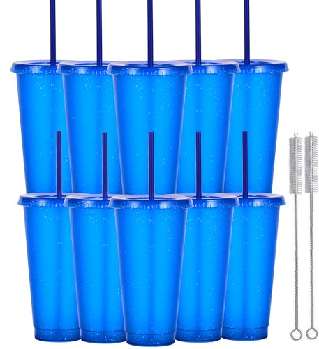 Yisituo 710ml Reusable Plastic Cups, 10 Pack Cold Cups with Lid and Straw, Tumblers Travel Mugs for Adults and Madam Party and Beach, Pool Gatherings (10, Glitter Blue)