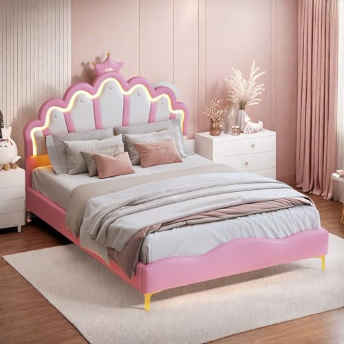 ADWOLT Kinderbett 140x200, Polsterbett für Mädchen Kronen-Doppelbett mit verstellbarem Kopfteil, Bettrahmen mit Lattenrost,ohne Matratze,Rosa