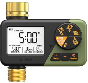 Diivoo Ottone Centralina Irrigazione, IP66 Timer per Giardini e Prati | Ampio Display LCD, Ritardo Pioggia, Irrigazione Manuale