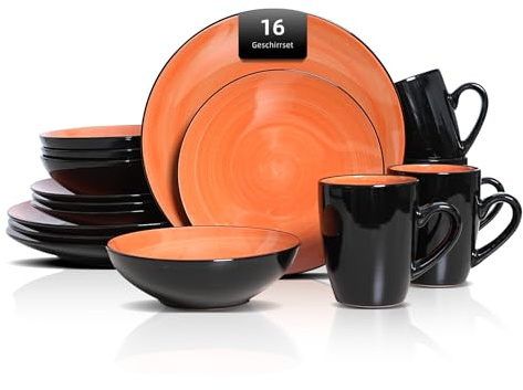 HomeVss Sonoma 16-teiliges Steingut-Essgeschirr-Set, außen schwarz mit schwarzen Sprenkeln (orange)