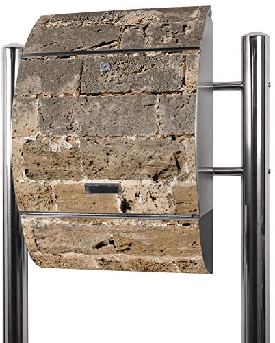 banjado® Standbriefkasten Edelstahl mit Zeitungsfach Motiv Steinwand Antik/Briefkasten mit Standfuß/Edelstahl Briefkasten freistehend - A4 Einwurf inkl. 2 Schlüssel