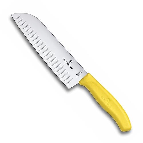 Victorinox Swiss Classic Couteau de Cuisine, Santoku, Lame Alvéolée de 17cm, Acier Inoxydable, Jaune
