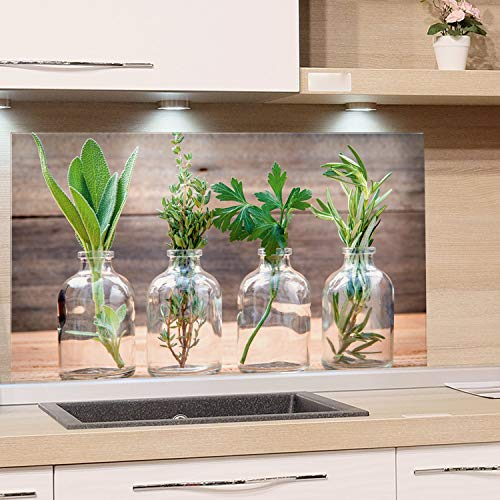 GRAZDesign Küchenrückwand Glas Kräuter im Glas Spritzschutz Herd | Druck hinter Glas | Bild Motiv Gewürze Rückwand Küche, Glasplatte mit Motiv, 60x60cm
