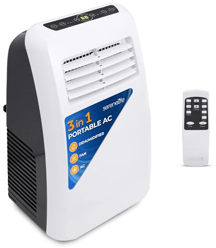 SereneLife SLPAC8 SLPAC 3-in-1 Portable Air Conditioner with Built-in Dehumidifier Function,Fan Mode, Remote Control, Complete Window Mount Exhaust Kit, 8,000 BTU, White