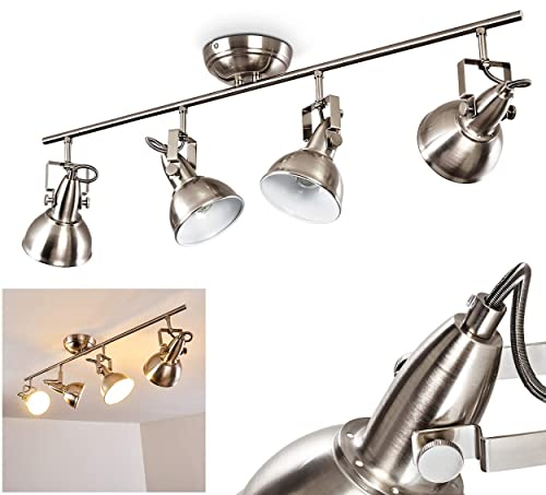 Deckenleuchte Tina, Deckenlampe aus Metall in Nickel-matt/Weiß, 4-flammig, mit verstellbaren Strahlern, 4 x E14-Fassung, Spot im Retro/Vintage Design, ohne Leuchtmittel
