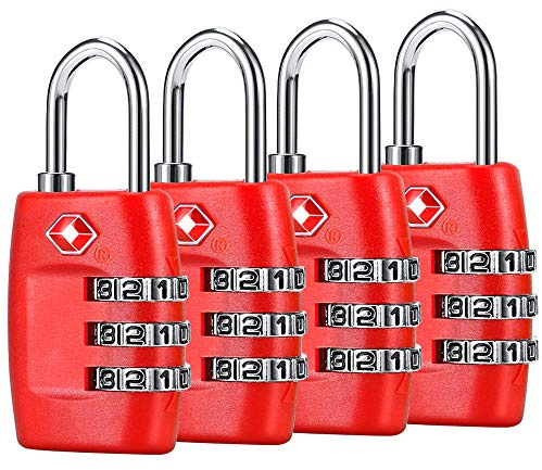 TSA Luggage Locks (4Pack) - 3 Digit Combination Padlocks - Approved Travel Lock for Suitcases & Baggage (Red)