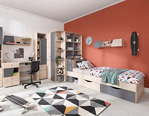 QMM TraumMoebel Jugendzimmer Kinderzimmer komplett Davis Set C Eckschrank Schreibtisch Bett 120x200 Regale