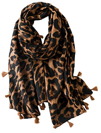 KRUIHAN Frauen Weichen Langen Hals Schal - Damenmode Leopard Tiermuster Cape,Abendgesellschaft Stilvolle Accessoires mit Quaste(Stil B-Braun)