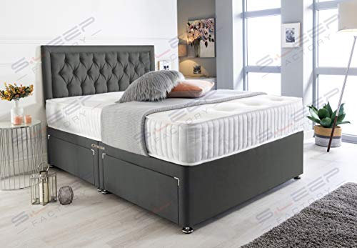Sleep Factory's Charcoal Suede Chesterfield Divan Bed Set & Memory Foam Mattress 3FT Single 4FT6 Double 5FT King- (5.0FT (King Size), 4 Drawers)
