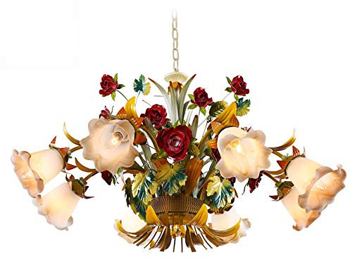 Lampada a Sospensione Rustiche Eleganti Lampadario a Sospensione con Ferro Battuto Rosa Fiori Art Deco Vetro Paralume Metallo Luce Pendente per Sala da Pranzo Camera da Letto Soggiorno Cucina,8 light