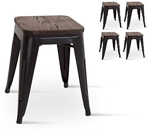 Kosmi - Lot de 4 tabourets en métal Noir Mat et Assise Bois foncé - Hauteur 46cm