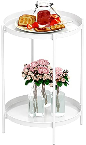OVICAR Round Side Table - 2 Tiers End Table Metal Coffee Table Small Sofa Side Table Outdoor Indoor Accent Table Nightstand Waterproof Removable Tray Table for Living Room Bedroom Balcony White