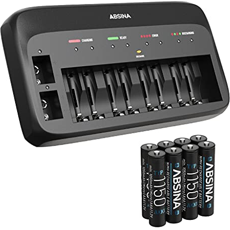 ABSINA Akku Ladegerät X10 für AA, AAA & 9V - Akkuladegerät inkl. 8X AAA 1150 Akkus - NiMH Ladegerät 10-Fach für Wiederaufladbare Micro, Mignon & 9V Block Akkus - Batterieladegerät