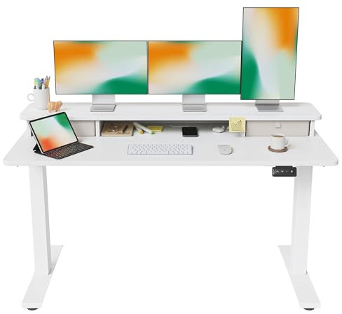 FEZIBO Height Adjustable Electric Standing Desk with Double Drawer, 150 * 60cm Stand Up Table with Storage Shelf, Sit Stand Desk with Splice Board, White Frame/White Top