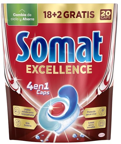 Somat Excellence 4 en 1 Caps, 20 Unidades, Detergente Lavavajillas de Disolución Rápida, Pastillas del Lavavajillas, Limpieza y Brillo Radiantes