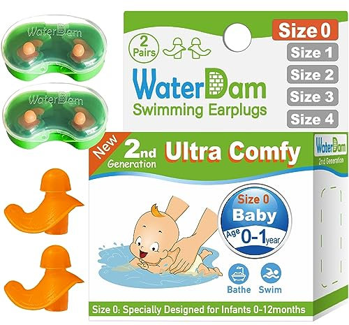 WaterDam Bouchons d'oreilles de natation imperméables ultra confortables pour éviter les oreilles du nageur (taille 0 : bébé 0-1 an (orange))