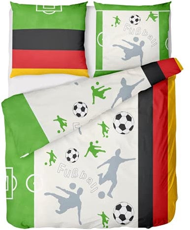 LINKHOFF Fußball Bettwäsche 135x200 Deutschland - Biber Kinderbettwäsche 135x200 Jungen - Kinder - 100% Baumwolle - Mit Kissen 80x80