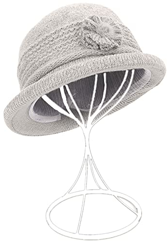 ZffXH Bucket Hat Damen, Light Grey Winter Wool Wolle Knit Beanie Skull Mütze, Vintage Stil Hut Damen Winter, Glockenhut Damen Winter, Bucket Damenhut Winter, Cloche Hut Damen 20er