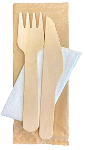 Virsus Set Posate in Legno di Betulla biodegradabili e compostabili BIS forchetta Coltello tovagliolo 3 veli, imbustate in carta Avana, stoviglie bio Eco Friendly Varie Quantità (500)
