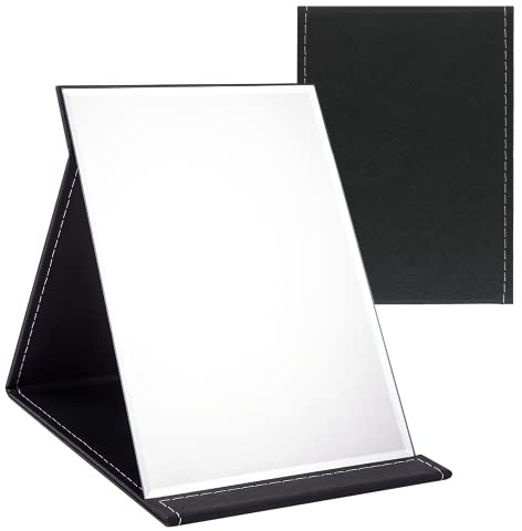 OWLKELA 16x12cm Portable Folding Mirror, PU Leather, Black HD | Compact Makeup Mirror, Free Standing Vanity, Tabletop Foldable, Travel Mirror for Home, Office, Desk