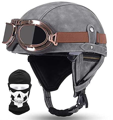Retro Moto Casco Mezzo, Vintage Motorcycle Casco, Certificazione DOT/ECE, Occhiali da Sole Incorporati, con Passamontagna Maschera, Materiale ABS, Fodera Traspirante, con Occhiali