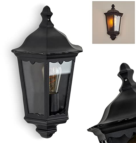 Außenwandleuchte Hongkong, Wandlampe in antikem Look aus Metall/Glas in Schwarz-matt/Klar, Wandleuchte m. E27-Fassung, Retro/Vintage Außenleuchte für Terrasse/Hof/Eingangsbereich, ohne Leuchtmittel