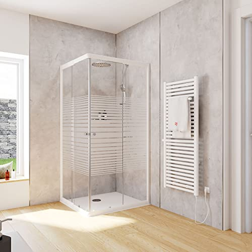 Schulte Duschkabine Corner Eckeinstieg mit Schiebetüren Alpinweiß 4 mm Sicherheitsglas (ESG) Dekor Querstreifen 80x90 cm, Montage auf Duschwanne oder Fliese