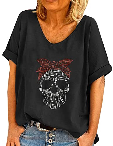 Halloween Kostüm Damen Oversize Shirt Totenkopf Glänzend Strass Tshirt Lose Kurzarm Schwarz Bluse Oberteile Tops Glitzersteine Damenblusen T-Shirt Bar Party Karneval Punk Top Shirts