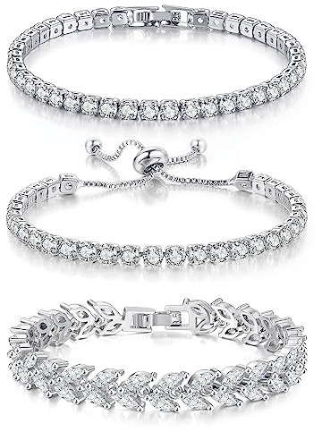 GEMOSA 3 Pcs Tennis Bracelet Set White Gold Plated Marquise Cubic Zirconia CZ Diamond Dainty Adjustable Rhinestone Sterling Silver Bracelets for Women Stackable Fashion Wedding Prom Gift