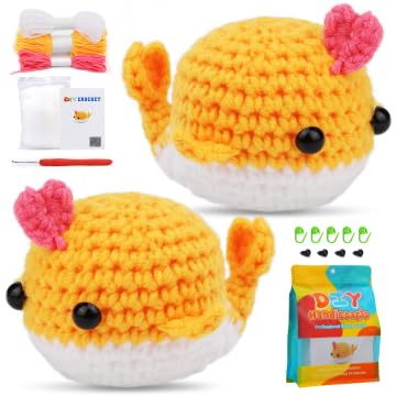 Häkelset mit gelbem Wal für Anfänger, niedliches Häkelset für Anfänger mit Video-Tutorials, Häkeln, buntes Garn, Scorecast, komplettes Strickset