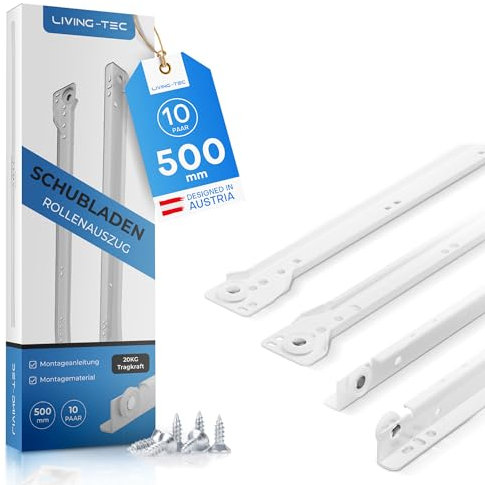 LIVING TEC® Schubladenschienen 500mm - 10 PAAR Rollenauszug Weiß Teilauszug - Leichtgängiger Schubladenauszug - Schubladenauszüge in vielen Größen - Auszugsschienen Stahl 1mm stark - Auszug bis 20kg