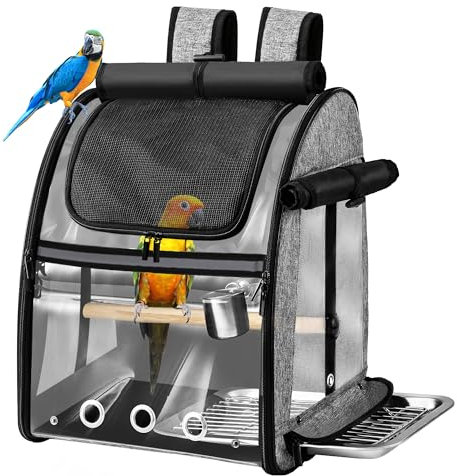 SUERTREE Vogeltragetasche mit unzerstörbarem Edelstahlnetz, Vogelreisekäfig mit Ständer, leicht zu reinigender Rucksack für Papagei, tragbare Vogelreisetasche, Haustier-atmungsaktiver Reisekäfig, Grau