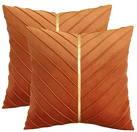 Tosleo Kissenbezüge 2er Set Samt Kissen mit Goldfarbenem Leder Dekokissen Moderne Luxuriös für Sofa Gartenbett Couch Wohnzimmer Sofakissen Bett (Orange, 60 x 60 cm)