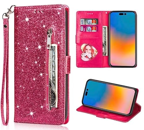 FERLAN Handyhülle für Samsung Galaxy J4+/J4 Plus Hülle,Flip Case Lederhülle Reißverschluss Magnetverschluss Brieftasche mit 3 Kartenfächern Standfuntion Retro Matt Ledertasche,Glitzer Rosenrot