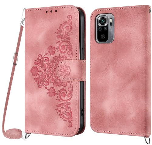 Netany Handykette Hülle für Xiaomi Redmi Note 10 4G/ Redmi Note 10S, Handyhülle Hülle mit Kette Klappbar, PU Leder Necklace Klapphülle und Umhängeband Lanyard Flip Schutzhülle mit Band (Rosa)