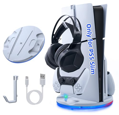 Tolesum Vertikale Standfuß nur für PS5 Slim, LED Base Station für PS5 Dual Controller Ladestation Dock mit Headset Halterung für PS5 Slim Disc and Digital Editions -Nicht für PS5/PS5 Pro