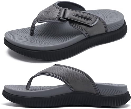 Mens Leather Flip Flops Men's Recovery Walking Sandals Orthopedic Thick Athletic Cushion Sport Slider for Man Outdoor Summer Beach Water Sandals with Comfortable Plantar Fasciitis Arch Support,6 Grey