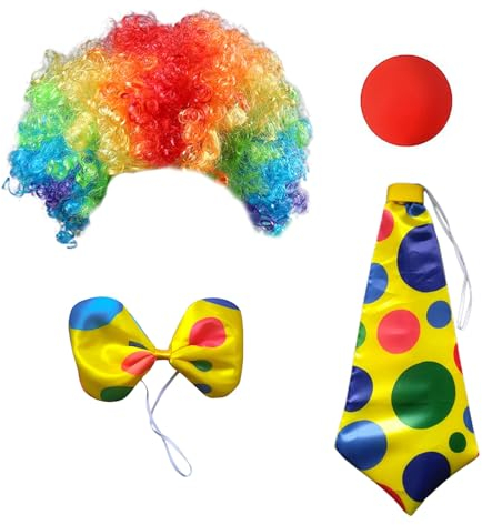 MIVAIUN 4 Stück Clown Kostüm Set Clown Lockenperücke Regenbogen Clown Kleidung mit Perücke Nase Fasching Karneval Cosplay Accessoire für Kinder Damen Herren Halloween Kostümzubehör (4 Stück)