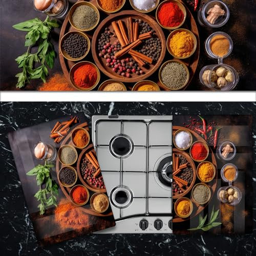 Pannello Copri Piano Cottura Induzione Fornelli Piastra Tagliere | Cerchio Spezie | 52x60 cm | per 4 Fuochi | da Cucina | in Vetro Temprato | 2 Pezzi