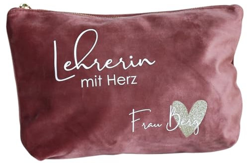 personalisiertes Geschenk - Lehrerin mit Herz und Namen | Kosmetiktasche aus Samt | Lehrerin Geschenkidee zum Abschied | Abschiedsgeschenk Grundschule | personalisierte Tasche