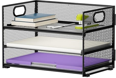 Marbrasse Desk Organiser,3 Tire Letter Paper Tray Organiser with Handle,Mesh Desk Tray for A4 File,Home Office Supplies (Black)